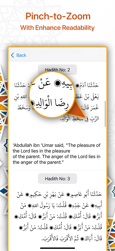 Al-Adab al-Mufrad - Screenshot of the Al-Adab al-Mufrad app demonstrating the pinch-to-zoom feature for enhanced readability of Arabic and English hadith text