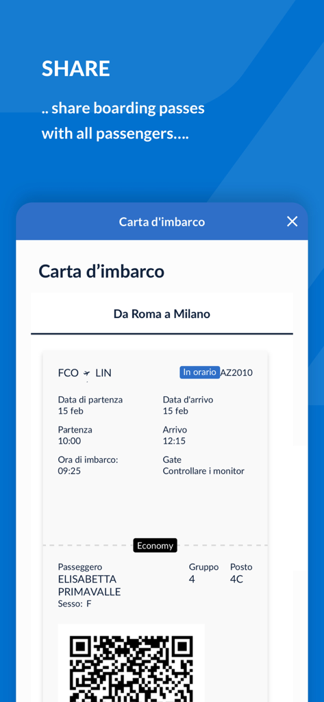 ローマからミラノへのフライトのためのITA Airwaysアプリに表示されるデジタル搭乗券。