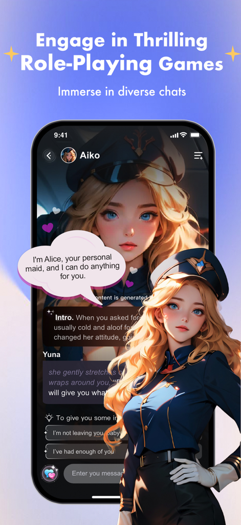 SoulTalk: Character AI Chat - SoulTalk app screenshot showing a chat with an anime AI character for roleplay gaming