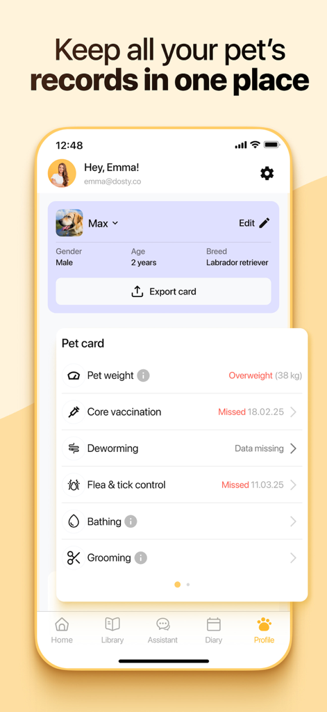 Interface of Dosty pet care app displaying a digital health card for a dog with vaccination and weight tracking