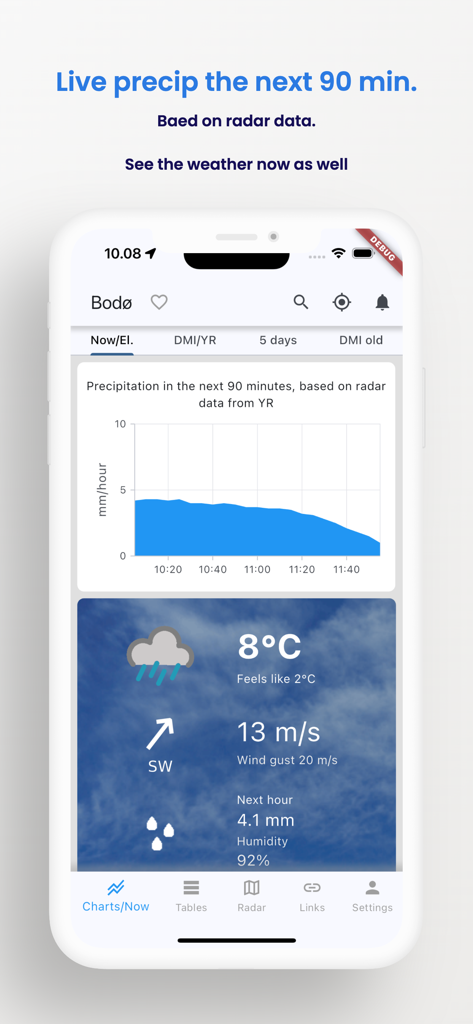 Weather from DMI and YR - Live-Niederschlagskarte über 90 Minuten und aktuelle Wettervorhersage in der Wetter von DMI und YR App.