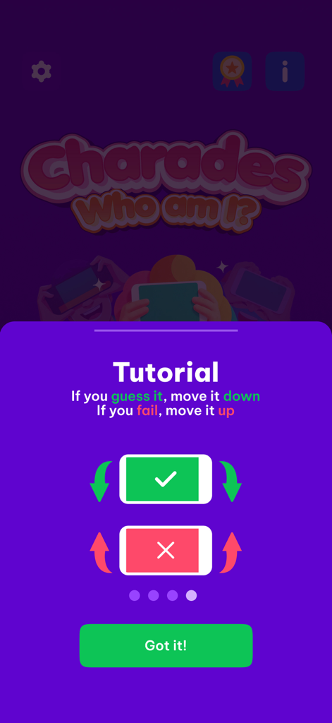 Tutorial screen for the Words Up charades game explaining how to tilt the phone to guess or skip words