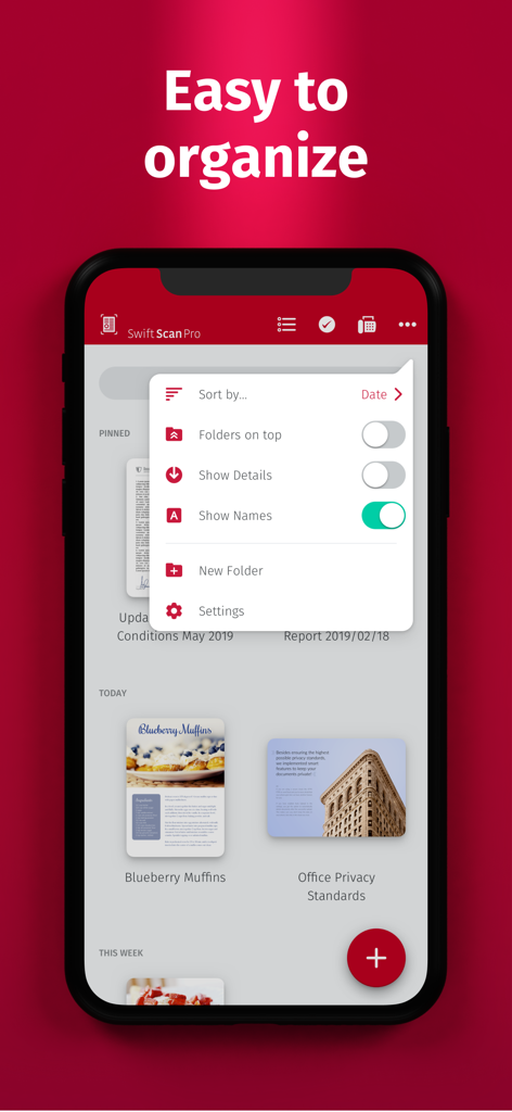 SwiftScan Pro Document Scanner - SwiftScan Pro app screen showing document management and sorting options on an iPhone