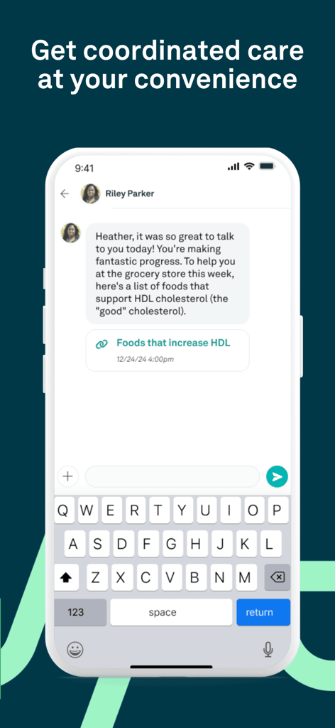 A mobile screen showing a chat between a healthcare provider and a patient with personalized health recommendations and links.