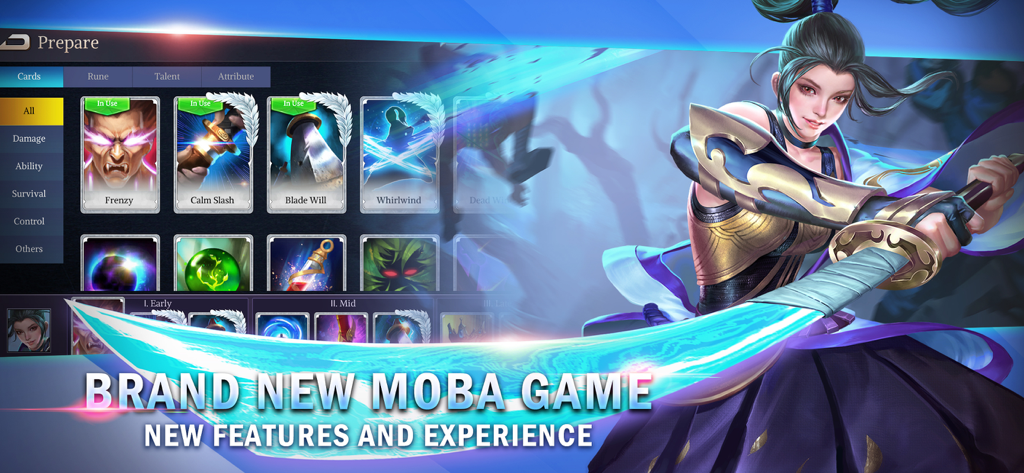 Legend of Ace - Legend of Ace MOBA game interface showing the hero card preparation screen and a female warrior character
