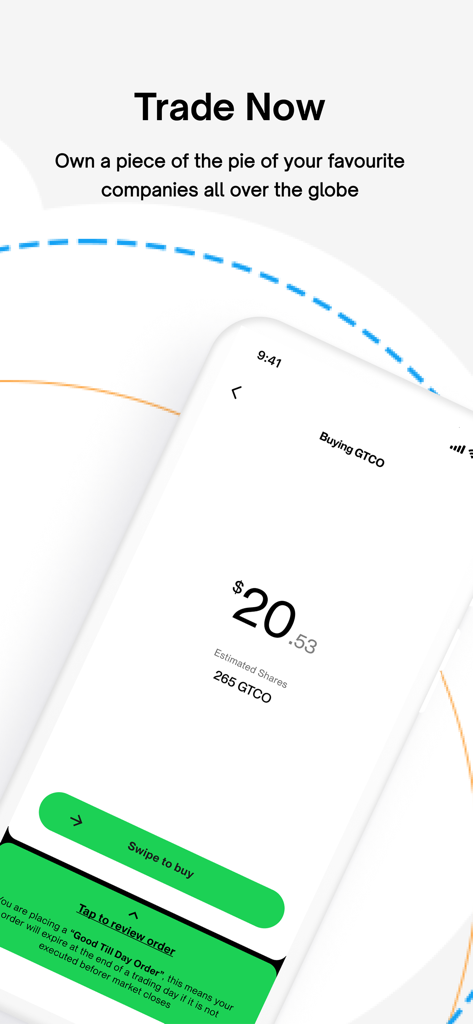 Trove - Investing, simplified - A mobile interface for the Trove investing app showing a swipe to buy stock purchase screen for GTCO.