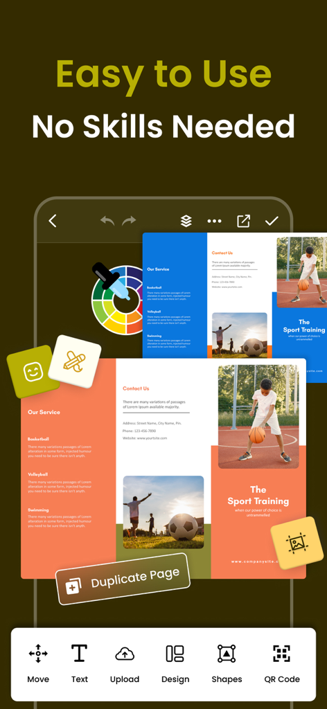 Interface do aplicativo Brochure Maker mostrando um modelo de brochura esportiva sendo editado com ferramentas de design fáceis de usar