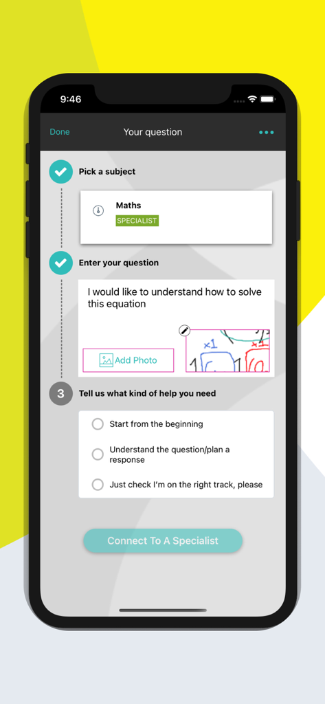 Studiosity - Mobile screen of Studiosity app showing a math question submission form with a photo upload and options to connect with a specialist