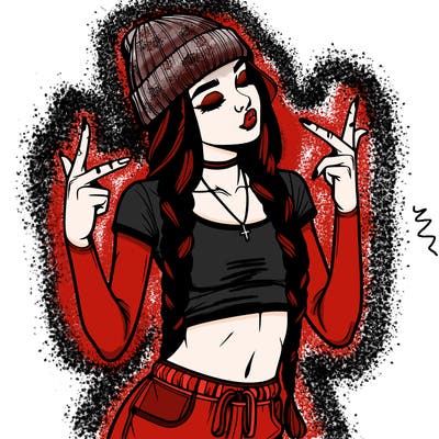 realistic teenage girl with braids and a beanie and crop top doing 🫶🏼