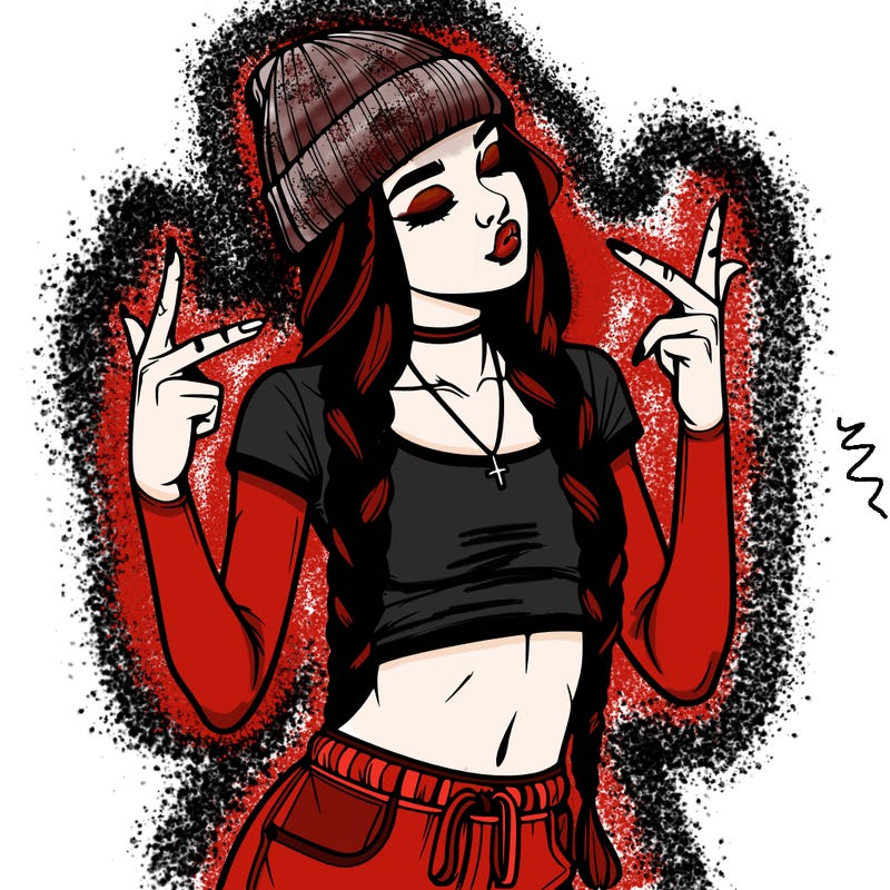 realistic teenage girl with braids and a beanie and crop top doing 🫶🏼