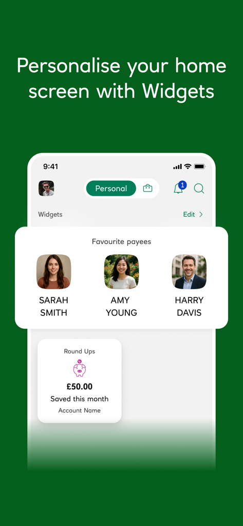 Isle of Man Bank - Isle of Man Bank app home screen showing favorite payees and round ups widgets