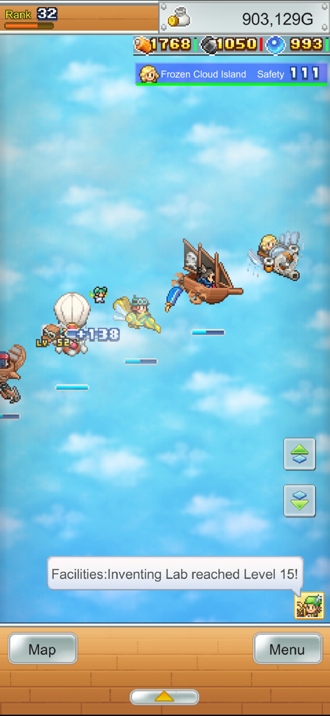 Pixel art airships flying across a blue sky in Skyship Quest Story.