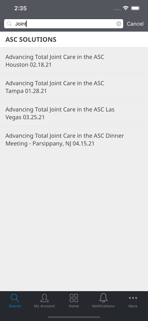 zbinetwork - Search interface in the zbinetwork app showing a list of ASC Solutions medical courses related to joint care