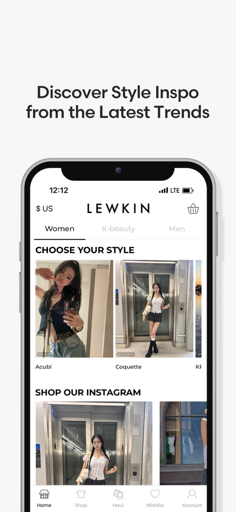 Smartphone screen displaying the LEWKIN app home page with trending Korean fashion styles and aesthetic categories.