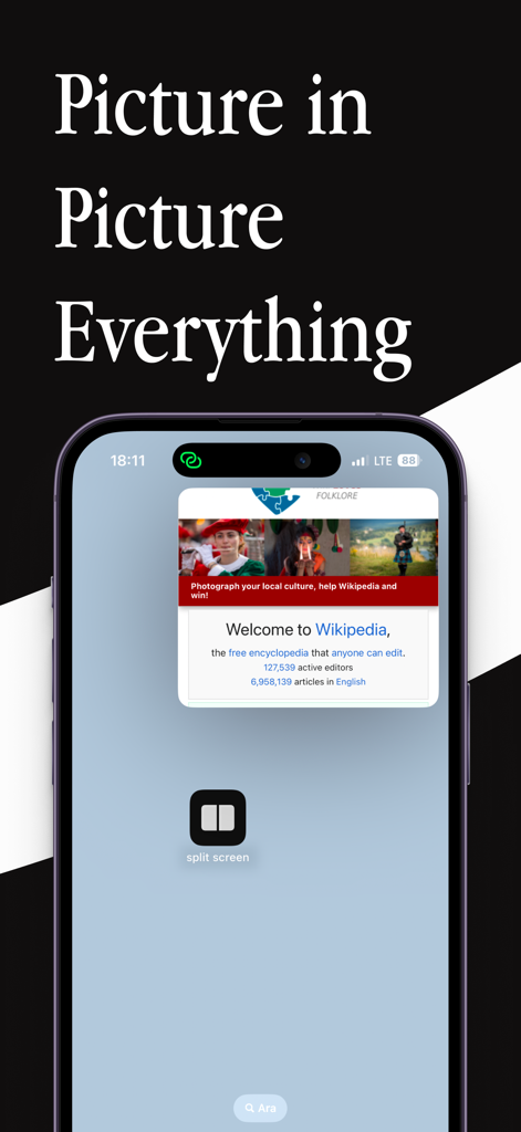 split screen - double window - Una ventana flotante de Picture in Picture de Wikipedia en la pantalla de inicio de un iPhone