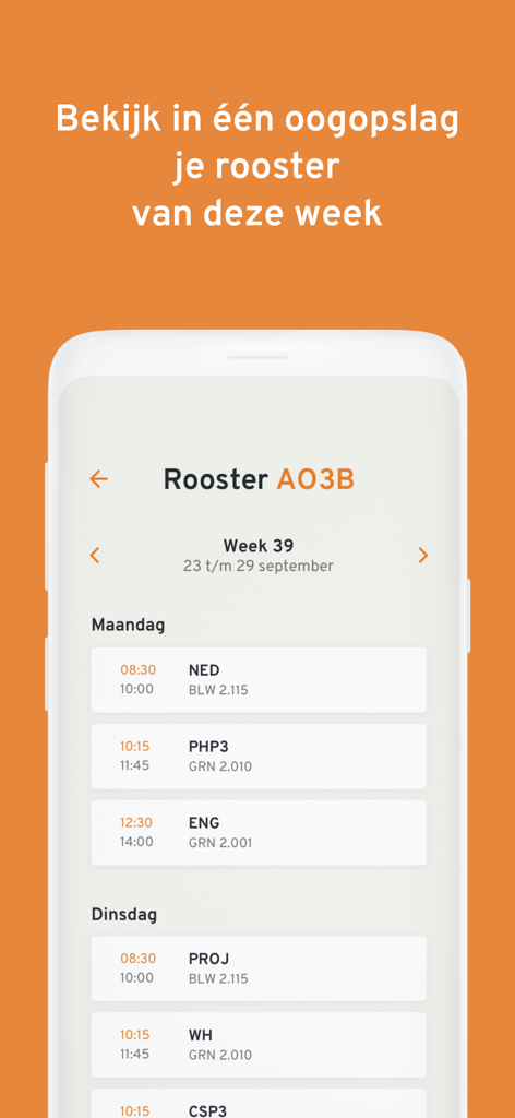 Interface of Student Rooster app displaying a student weekly class schedule