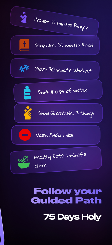 Screenshot of the 75 Holy Challenge app showing daily tasks for prayer scripture reading workouts hydration and gratitude