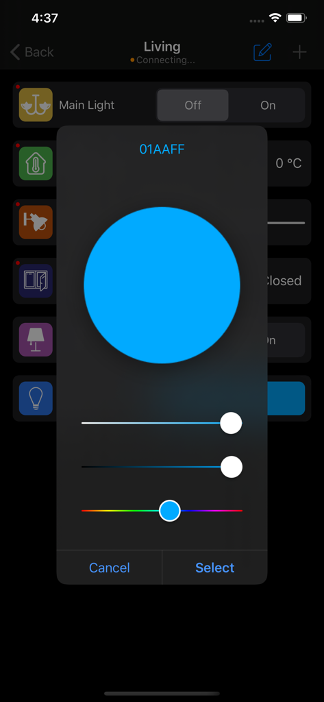 Interfaz de selección de color de la aplicación Easy KNX para el control de iluminación del hogar inteligente