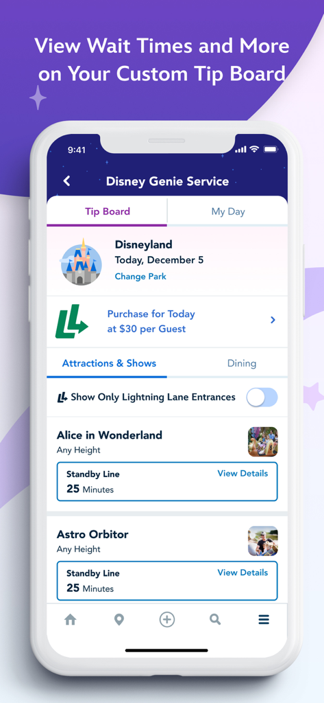 アトラクションの待ち時間とディズニー・ジーニー・サービスのオプションを表示するディズニーランド・アプリのチップボードのスクリーンショット