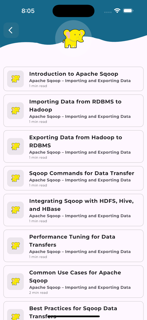 Hadoop学習アプリのApache Sqoopチュートリアルに関するトピックのスクリーンショット