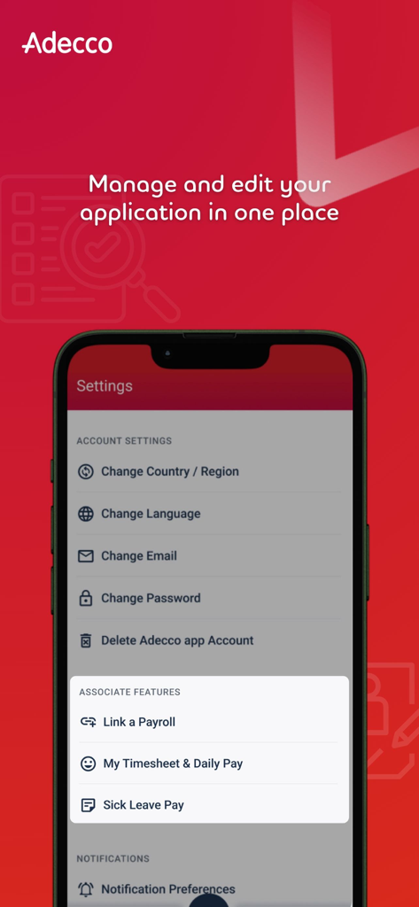 Adecco - Adecco mobile app settings screen showing account management and associate features like payroll and timesheets.