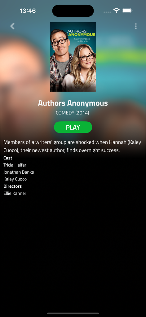 Christmas Plus - Movie details screen for Authors Anonymous on the Christmas Plus app showing synopsis and cast