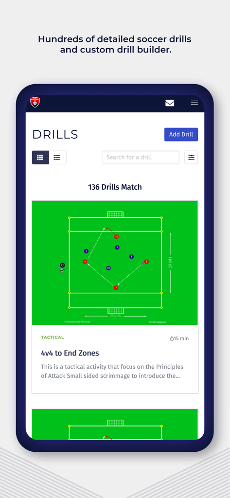 PlayMetrics - PlayMetrics mobile app interface showing a list of soccer drills and a tactical diagram for coaching