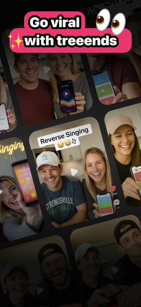 Collage de creadores de redes sociales usando la aplicación de audio inverso para tendencias virales