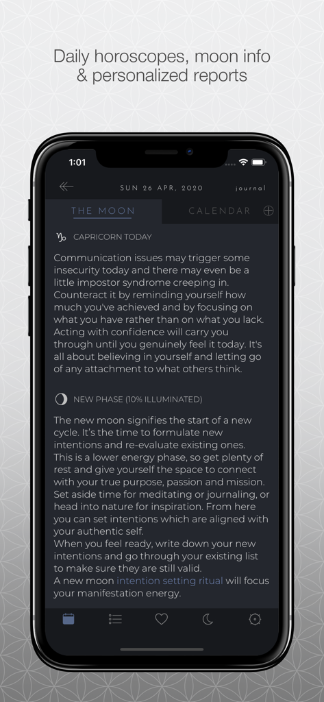 The Moon Calendar - Interfaz de la aplicación El Calendario Lunar mostrando un horóscopo diario de Capricornio y detalles sobre la fase de luna nueva.