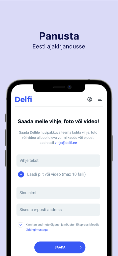 Delfi EE - Smartphone screen showing the Delfi EE app form for sending news tips, photos, and videos.
