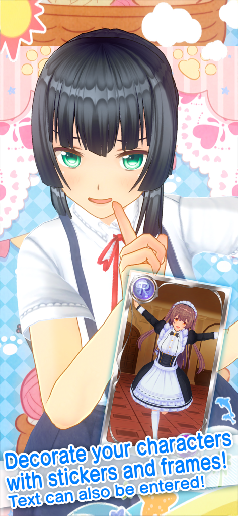 A 3D anime character being customized with stickers and frames in the Custom Cast app