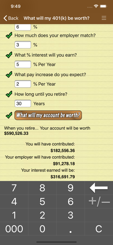 A screenshot of the 10bii Financial Calculator app in Easy Mode showing a 401k retirement savings projection.