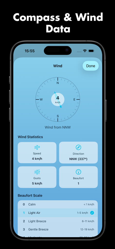 WeatherMax: Daily Forecast - Detailed wind data screen showing compass direction and Beaufort scale in WeatherMax app