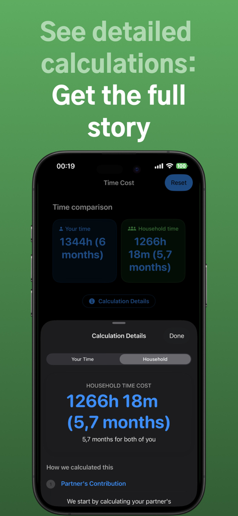 Timecostify: Cost in Time - Interface de l'application Timecostify montrant des comparaisons de coûts en temps entre les heures de travail individuelles et celles du ménage