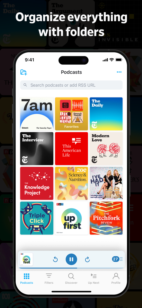 Pocket Casts: Podcast Player - Interfaccia dell'app Pocket Casts che mostra una griglia di podcast con una cartella specifica per l'organizzazione