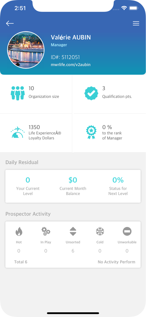 MWR Life app profile dashboard displaying user business statistics loyalty dollars and prospector activity tracking