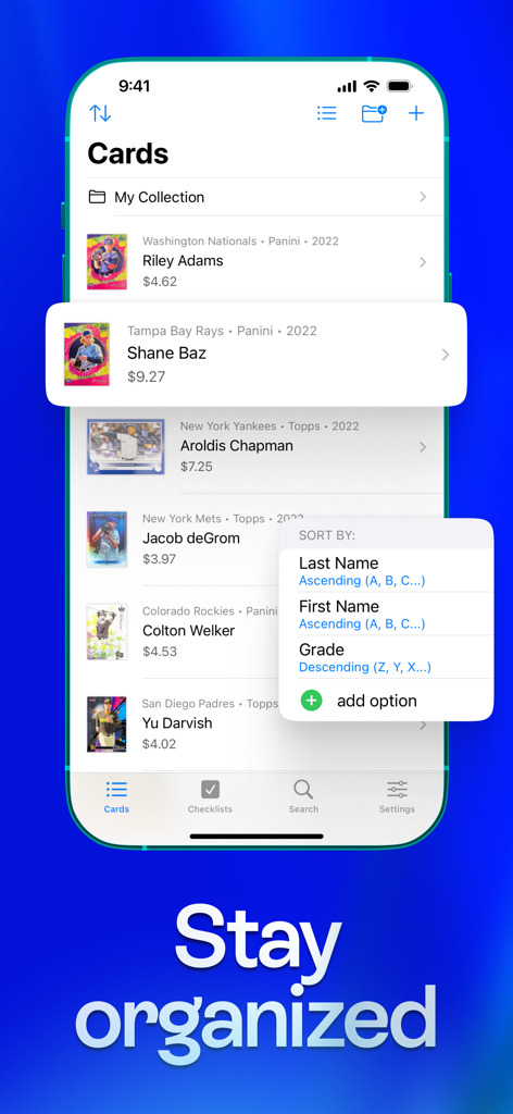 Cardstock: Sports Card Scanner - Interface of Cardstock app showing a digital sports card collection with sorting options and market prices