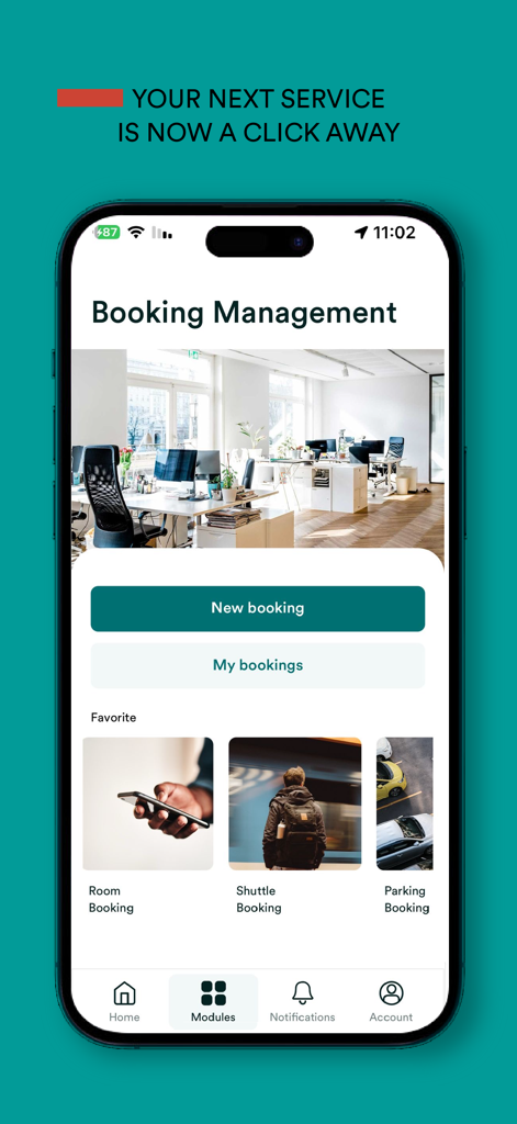 Appgrade by ServicesApp - Appgrade mobile app interface for booking management showing options for room shuttle and parking services