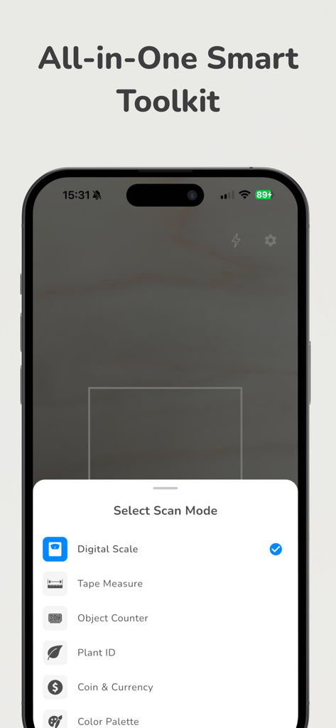 Scale For Grams: Weight Scales - La aplicación Scale For Grams muestra un menú de selección de modos de escaneo como báscula digital, cinta métrica y contador de objetos.