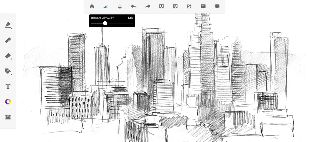 Drawing ▫ - Um esboço a lápis do horizonte de uma cidade no aplicativo Drawing com configurações de opacidade do pincel visíveis