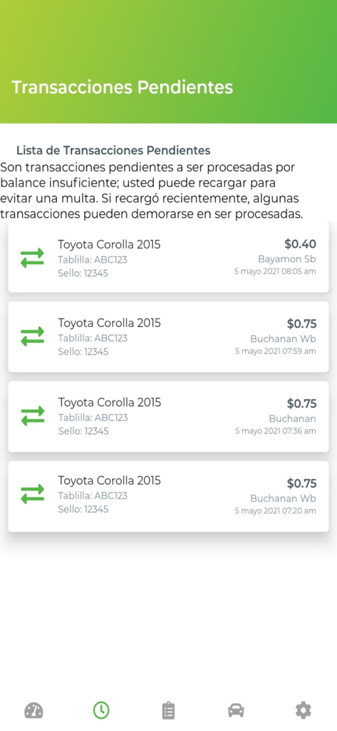Screenshot of the AutoExpreso Movil app showing a list of pending toll transactions for a vehicle