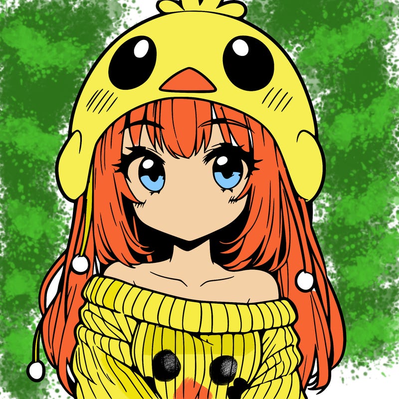 anime girl with chick shaped hat with sweater with bare shoulders with bangs covering them one eye with low tail
