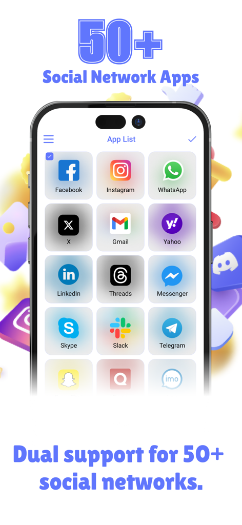 Interface do aplicativo Dual Accounts mostrando uma lista de plataformas de mídia social suportadas como Facebook, Instagram e WhatsApp.