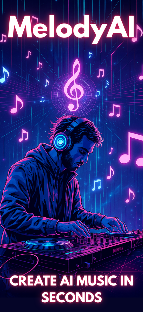 MelodyAI:AI Song & Music Maker - MelodyAI app promotional image featuring a DJ with headphones and neon musical symbols