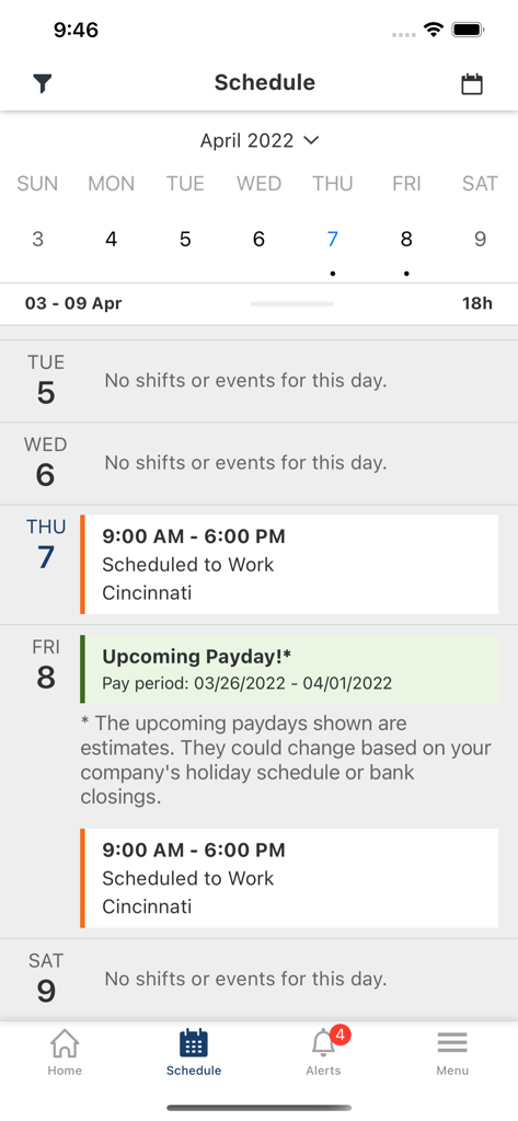 Paycor Mobile app interface showing a weekly work schedule with shifts and upcoming payday notification