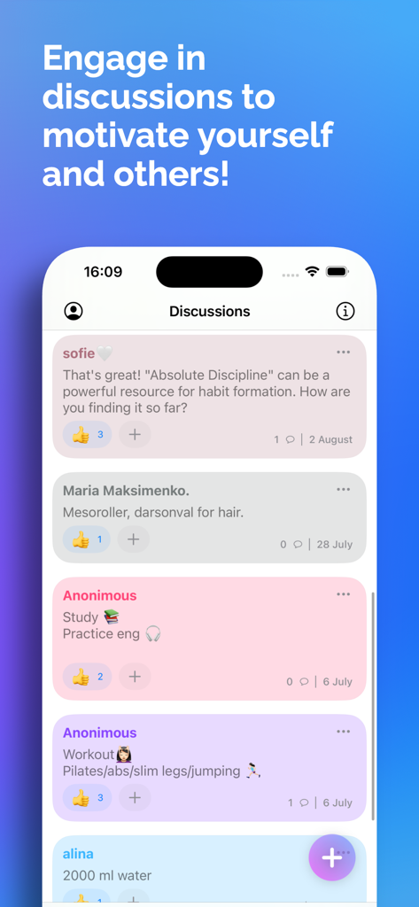 Goal: Habits & Tasks - Community discussion screen in the Goal app showing user posts and motivational habit tracking interactions