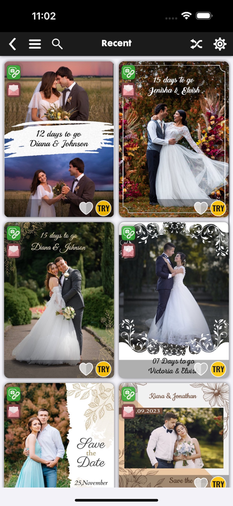 Video Invitation Maker Ecards - ロマンチックなカップルの写真を使った、さまざまなSave the Dateと結婚式のカウントダウン招待状テンプレートを紹介するモバイルアプリのインターフェース。