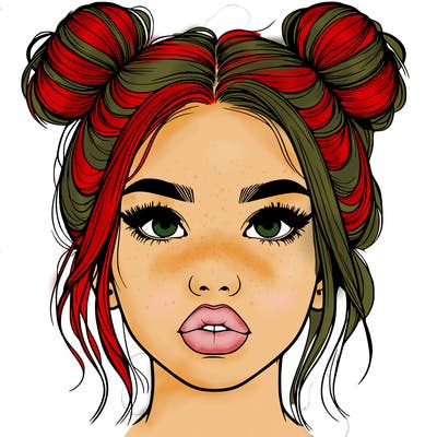 realistic girl with two buns on her hair and lips