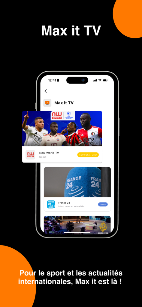 Orange Max it - Côte d'Ivoire - Orange Max it app Max it TV feature displaying sports and international news channels