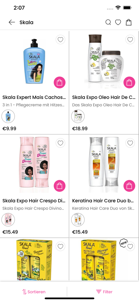 Eine Auswahl von Skala-Marken-Haarpflegeprodukten, die in der Benutzeroberfläche des GT World of Beauty mobilen App-Stores angezeigt werden.